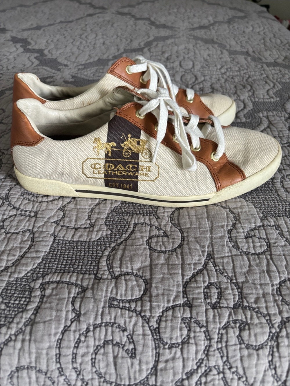 Coach Cream Canvas Sneakers with Tan Leather Trim